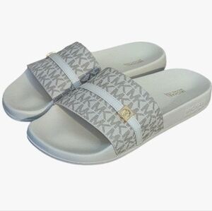 Michael Kors EVA Pool Slides in White w/ Tan Logo Print sz 8 & 9